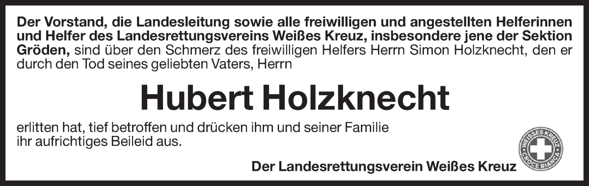  Traueranzeige für Hubert Holzknecht vom 16.04.2024 aus Dolomiten
