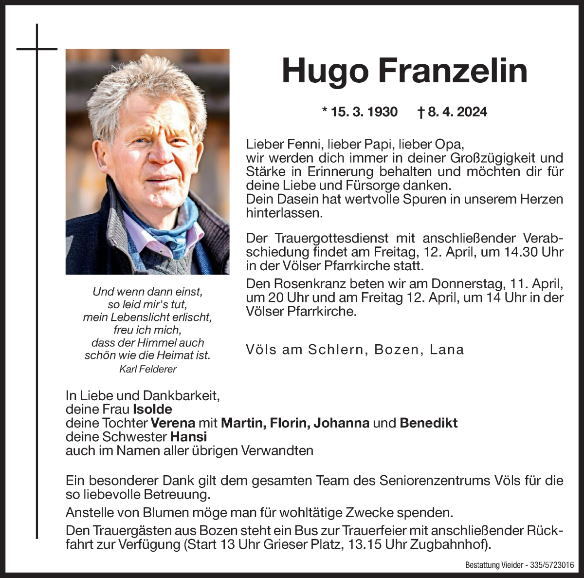  Traueranzeige für Hugo Franzelin vom 10.04.2024 aus Dolomiten