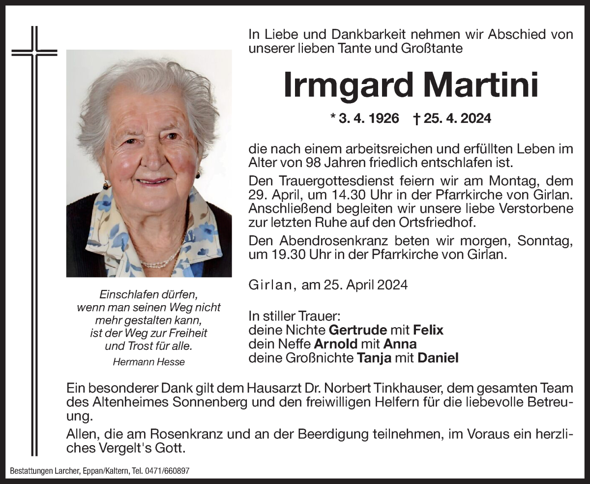  Traueranzeige für Irmgard Martini vom 27.04.2024 aus Dolomiten