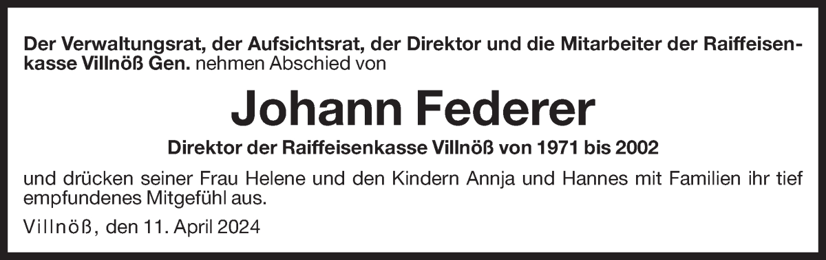  Traueranzeige für Johann Federer vom 12.04.2024 aus Dolomiten