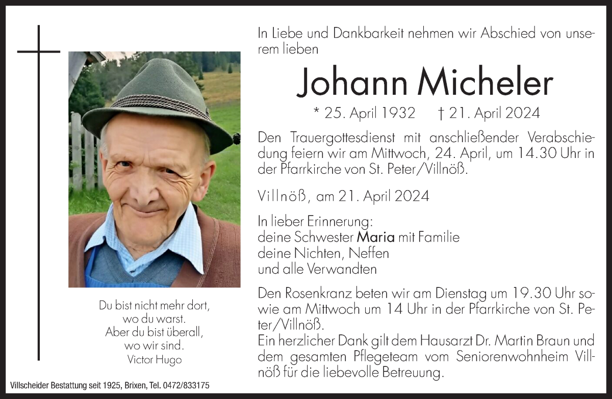  Traueranzeige für Johann Micheler vom 23.04.2024 aus Dolomiten