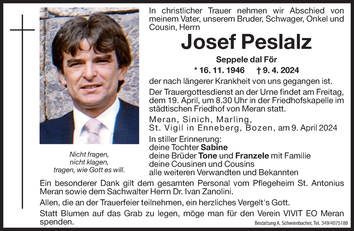  Traueranzeige für Josef Peslalz vom 17.04.2024 aus Dolomiten