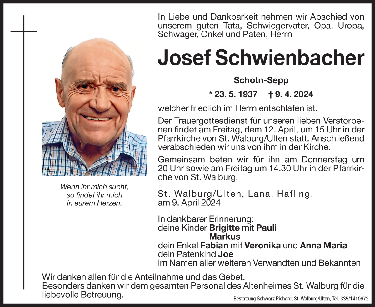  Traueranzeige für Josef Schwienbacher vom 10.04.2024 aus Dolomiten