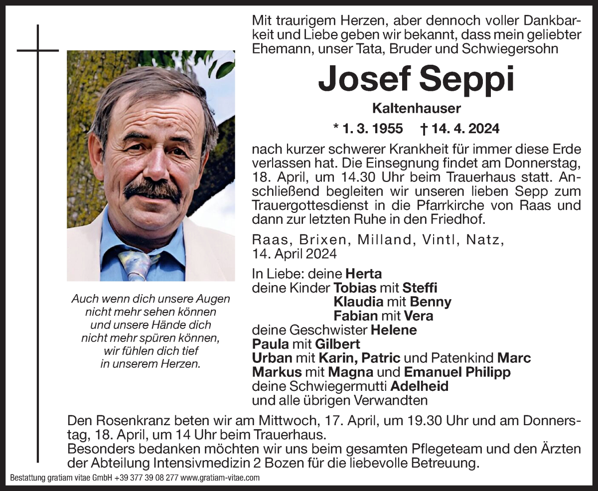 Traueranzeige für Josef Seppi vom 16.04.2024 aus Dolomiten