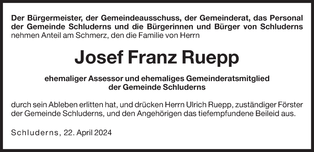  Traueranzeige für Josef Franz Ruepp vom 23.04.2024 aus Dolomiten