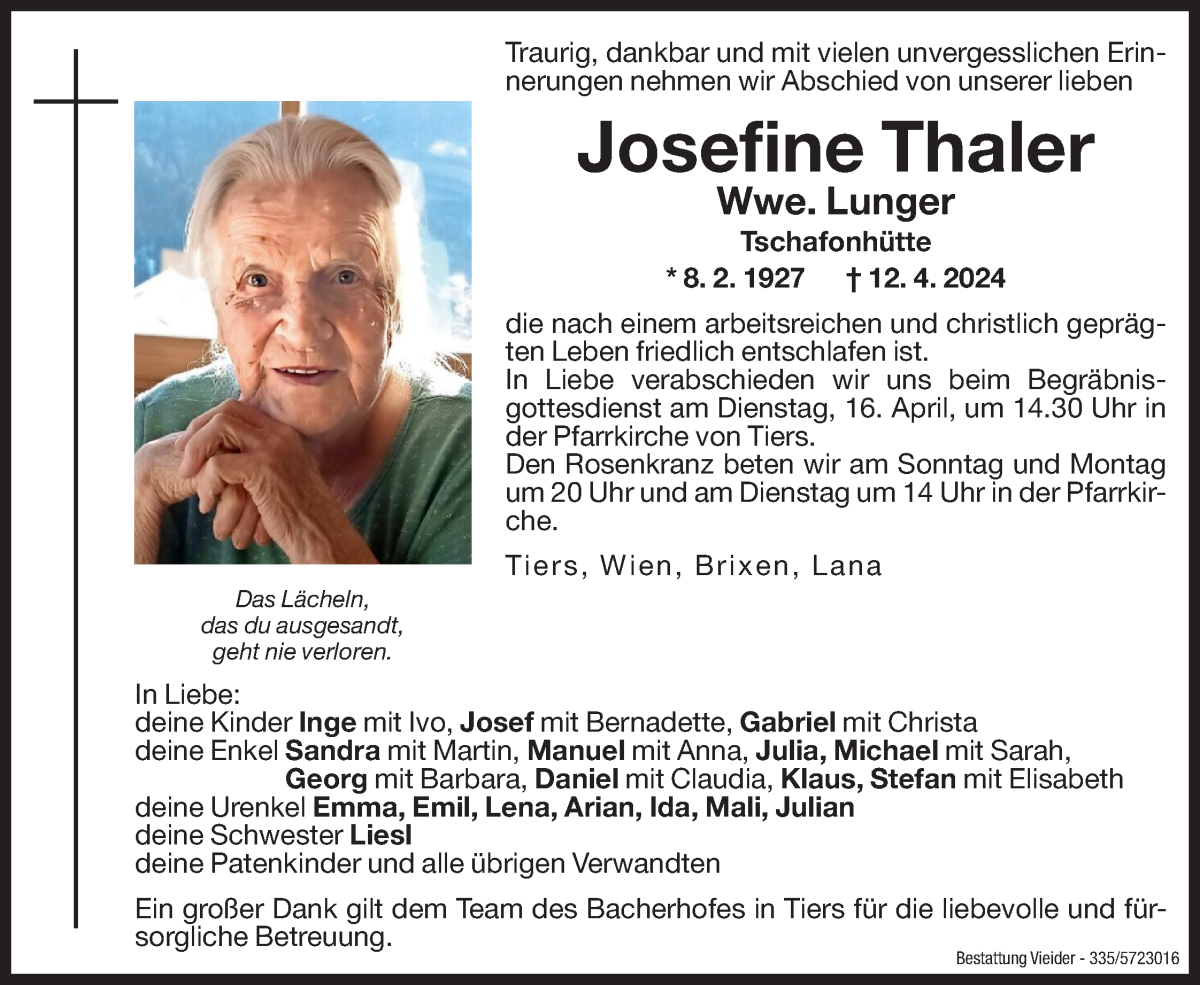  Traueranzeige für Josefine Lunger vom 13.04.2024 aus Dolomiten