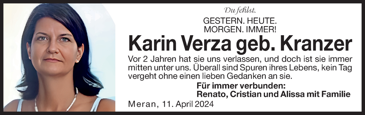  Traueranzeige für Karin Verza vom 11.04.2024 aus Dolomiten