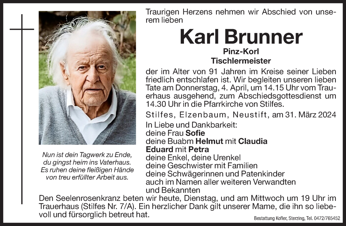  Traueranzeige für Karl Brunner vom 02.04.2024 aus Dolomiten