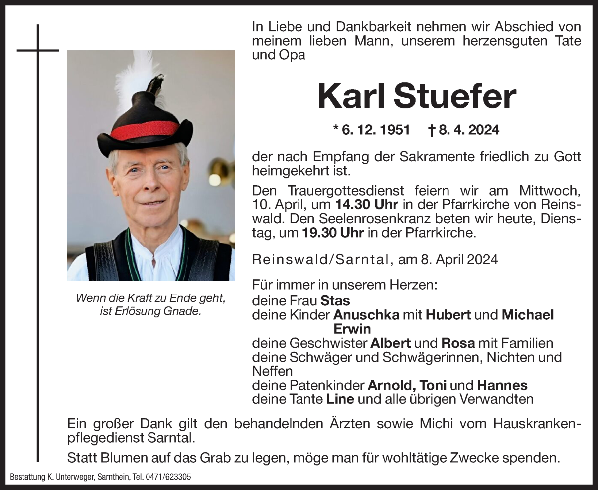  Traueranzeige für Karl Stuefer vom 09.04.2024 aus Dolomiten