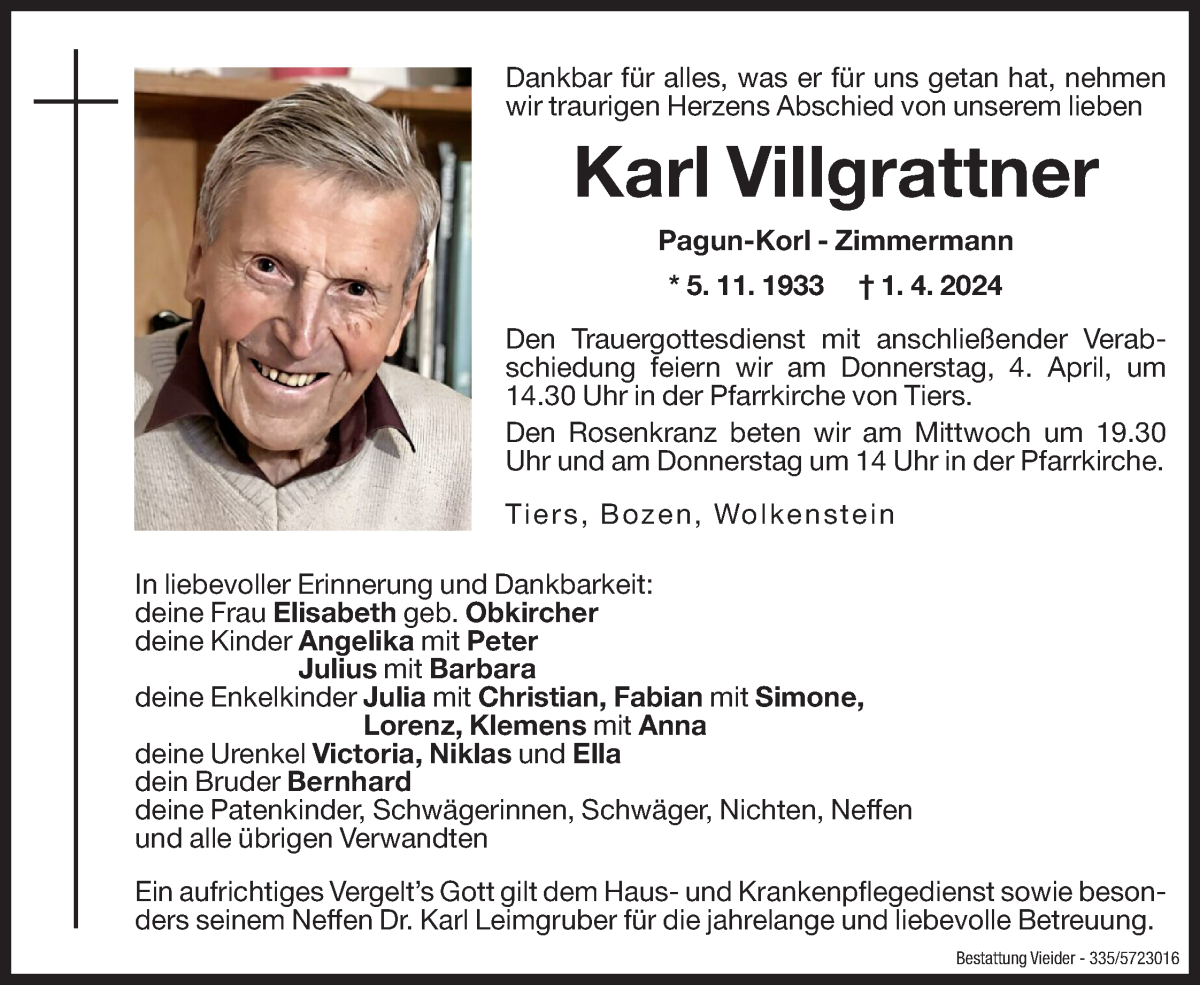  Traueranzeige für Karl Villgrattner vom 03.04.2024 aus Dolomiten