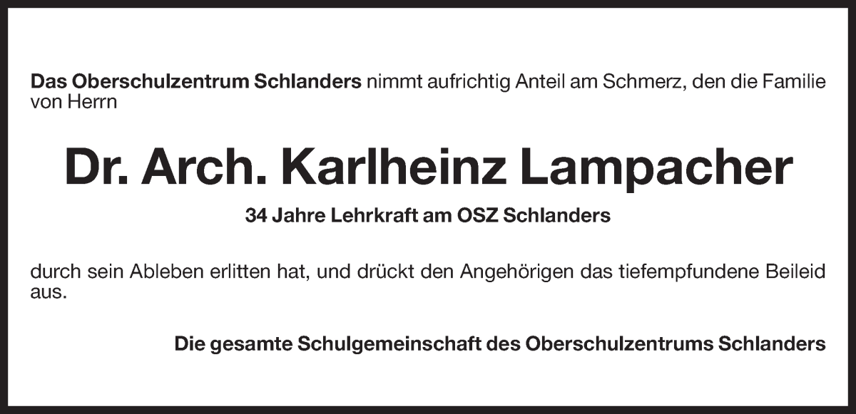  Traueranzeige für Karlheinz Lampacher vom 23.04.2024 aus Dolomiten