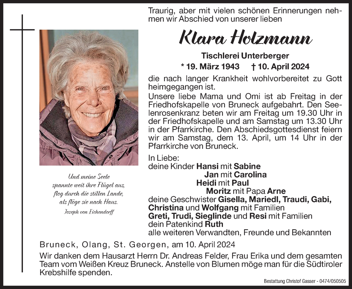  Traueranzeige für Klara Holzmann vom 12.04.2024 aus Dolomiten