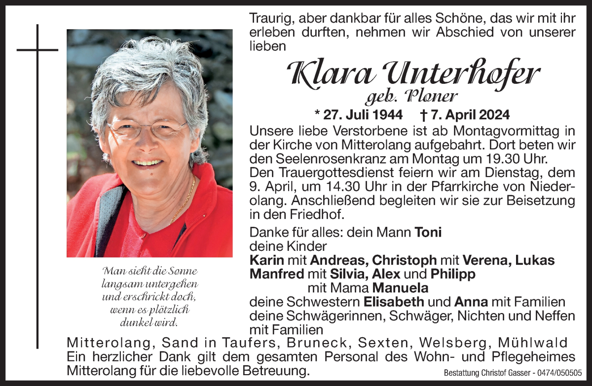  Traueranzeige für Klara Unterhofer vom 08.04.2024 aus Dolomiten