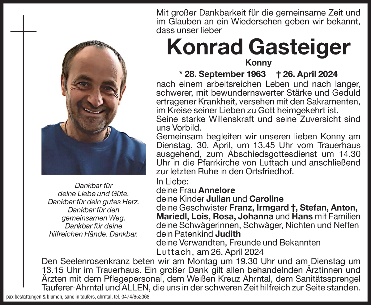  Traueranzeige für Konrad Gasteiger vom 29.04.2024 aus Dolomiten