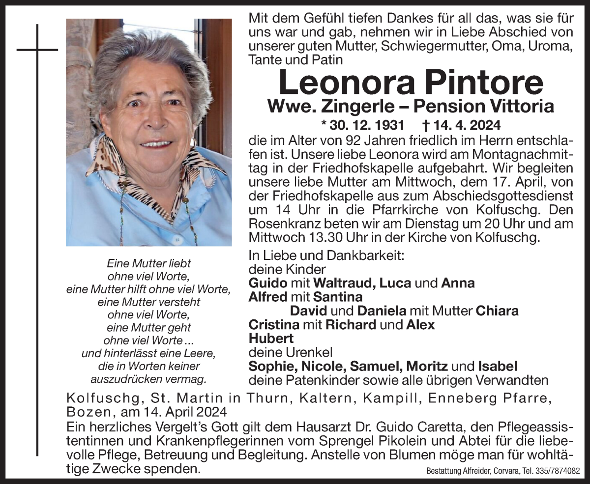  Traueranzeige für Leonora Zingerle vom 16.04.2024 aus Dolomiten