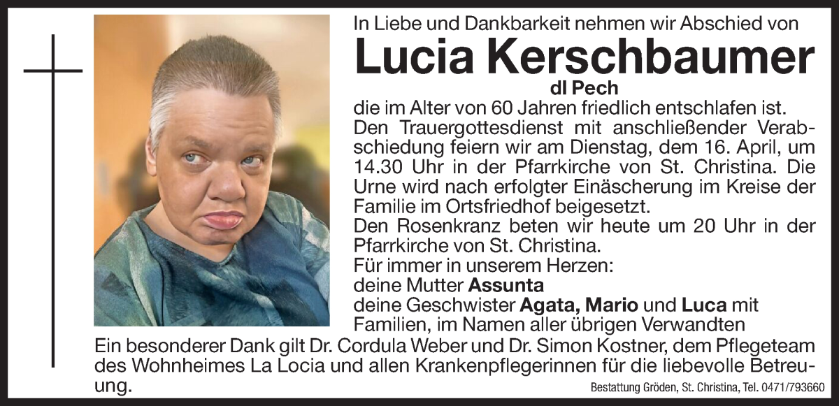  Traueranzeige für Lucia Kerschbaumer vom 15.04.2024 aus Dolomiten