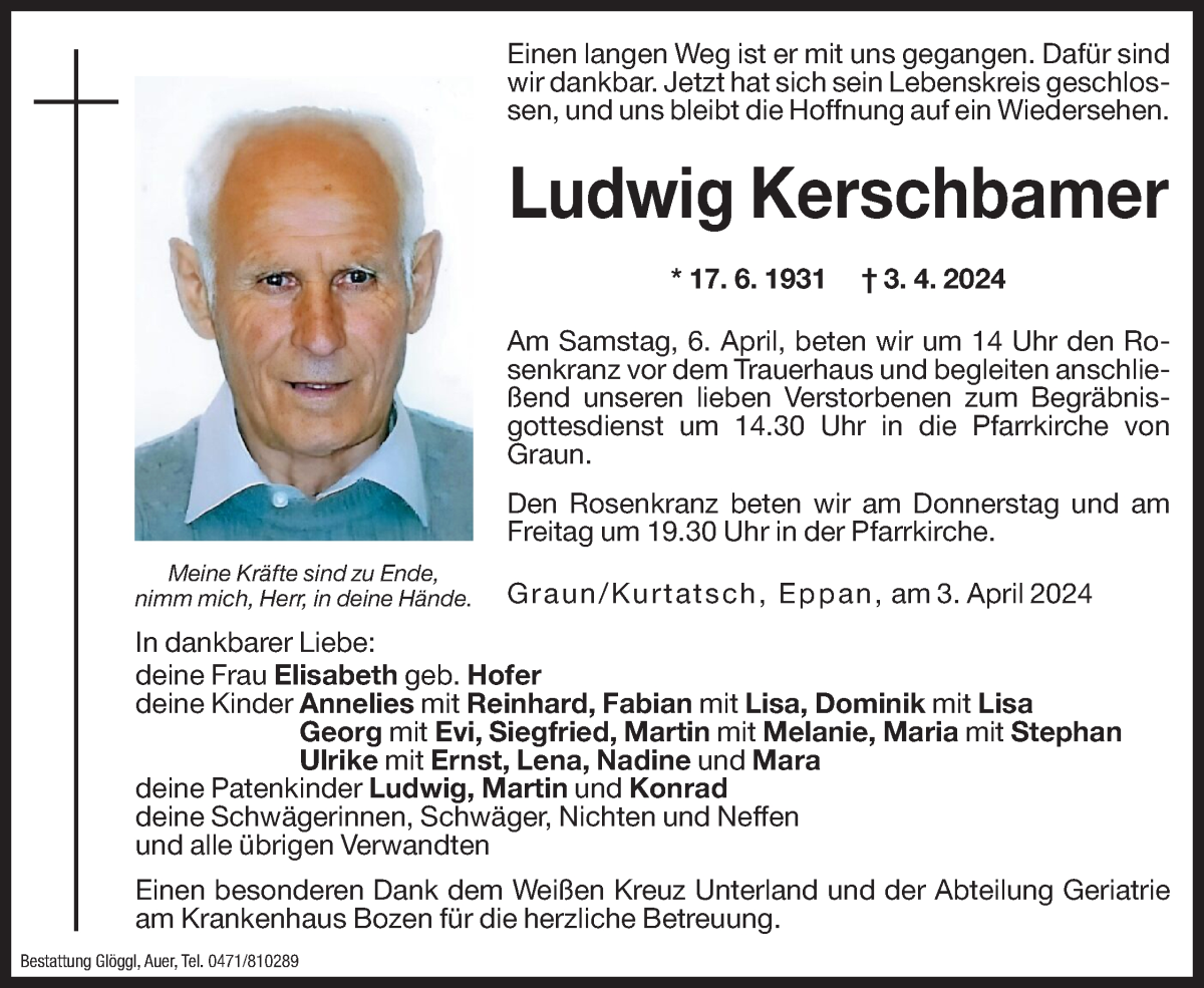  Traueranzeige für Ludwig Kerschbamer vom 04.04.2024 aus Dolomiten