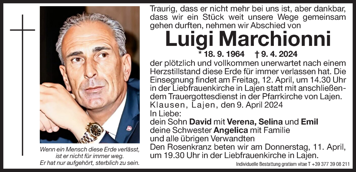  Traueranzeige für Luigi Marchionni vom 11.04.2024 aus Dolomiten
