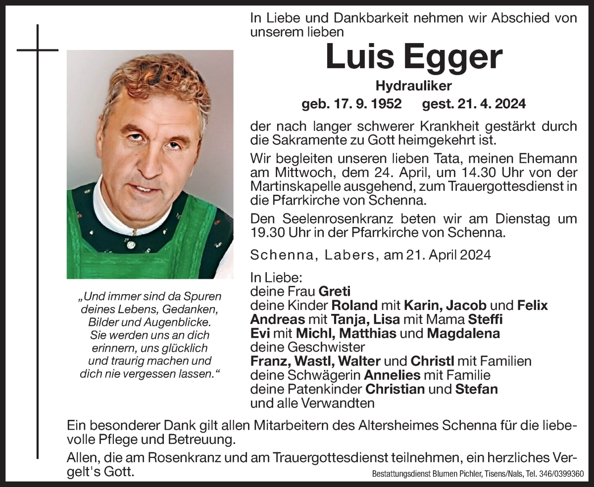  Traueranzeige für Luis Egger vom 23.04.2024 aus Dolomiten