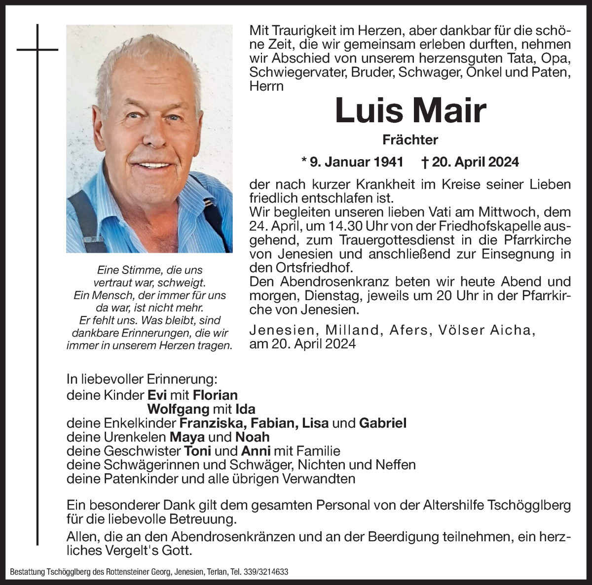  Traueranzeige für Luis Mair vom 22.04.2024 aus Dolomiten