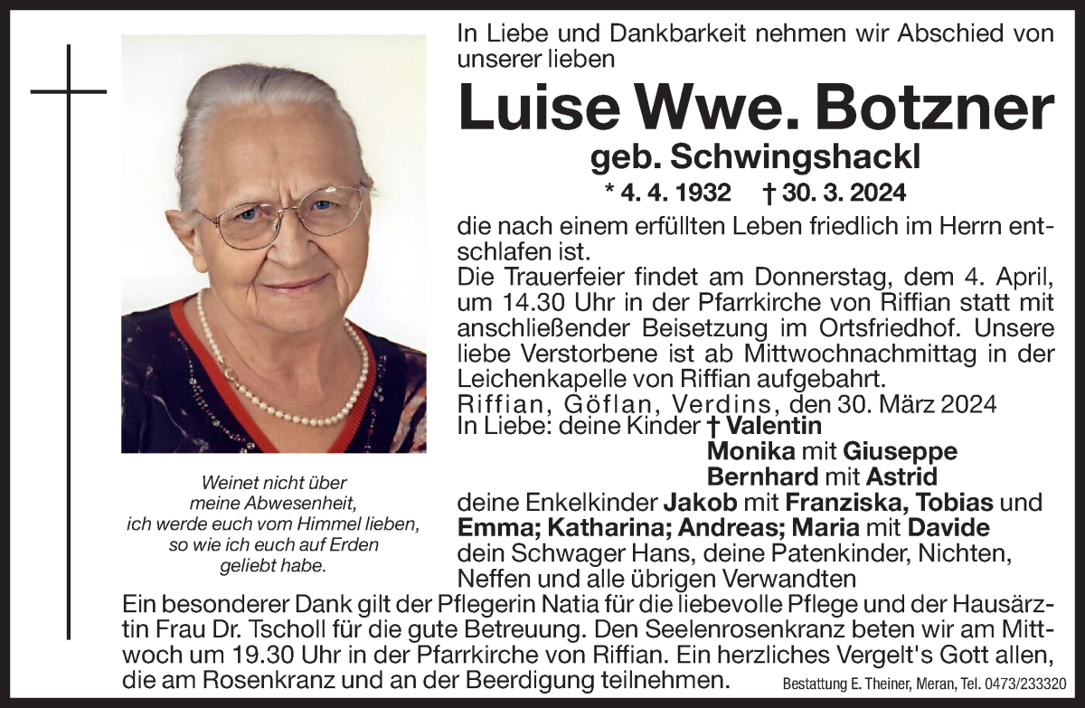  Traueranzeige für Luise Botzner vom 02.04.2024 aus Dolomiten