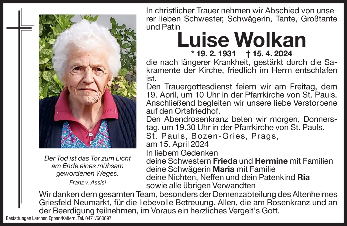  Traueranzeige für Luise Wolkan vom 17.04.2024 aus Dolomiten