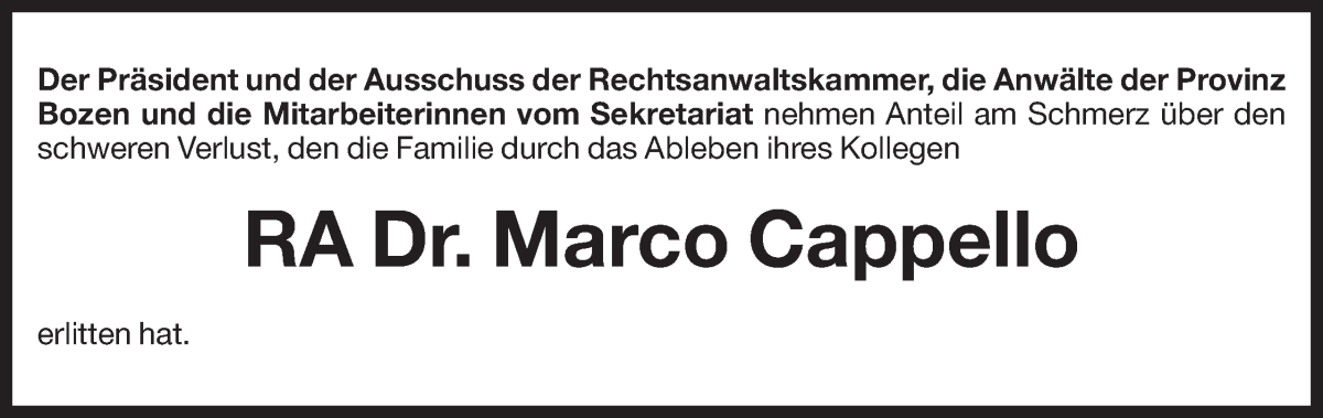  Traueranzeige für Marco Cappello vom 27.04.2024 aus Dolomiten