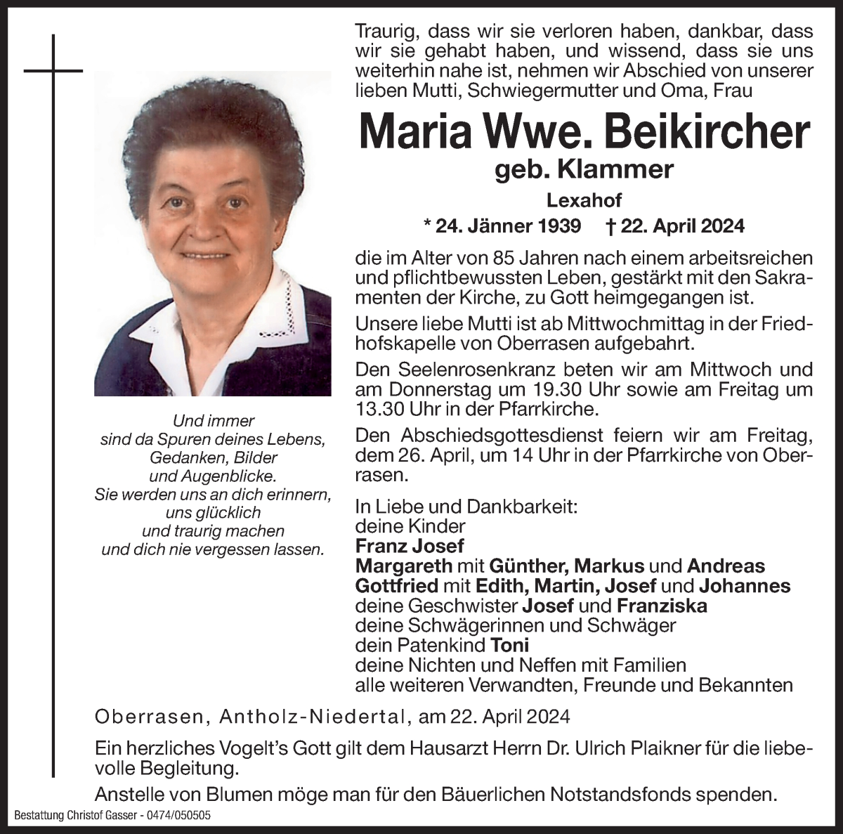  Traueranzeige für Maria Beikircher vom 24.04.2024 aus Dolomiten