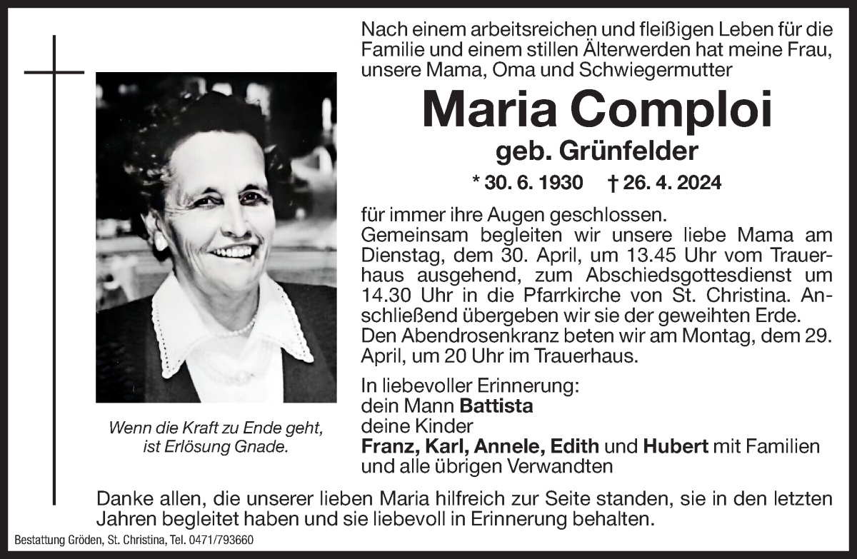  Traueranzeige für Maria Comploi vom 27.04.2024 aus Dolomiten