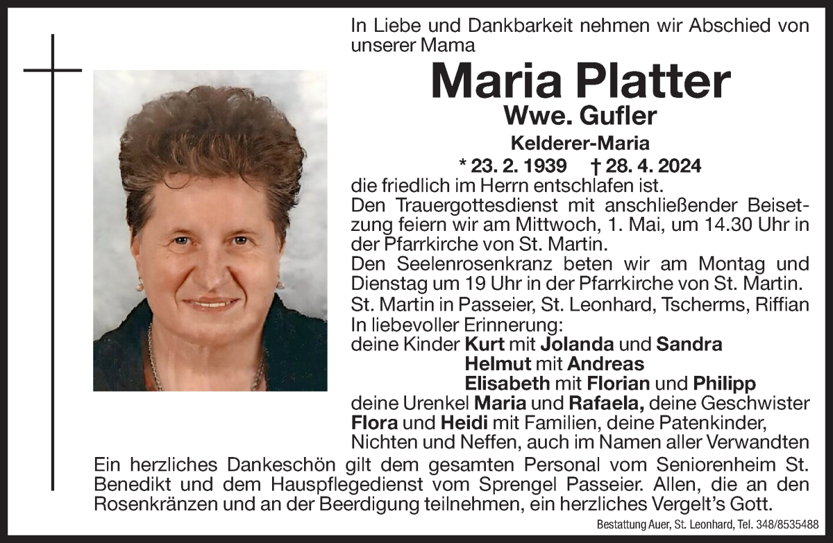  Traueranzeige für Maria Gufler vom 29.04.2024 aus Dolomiten