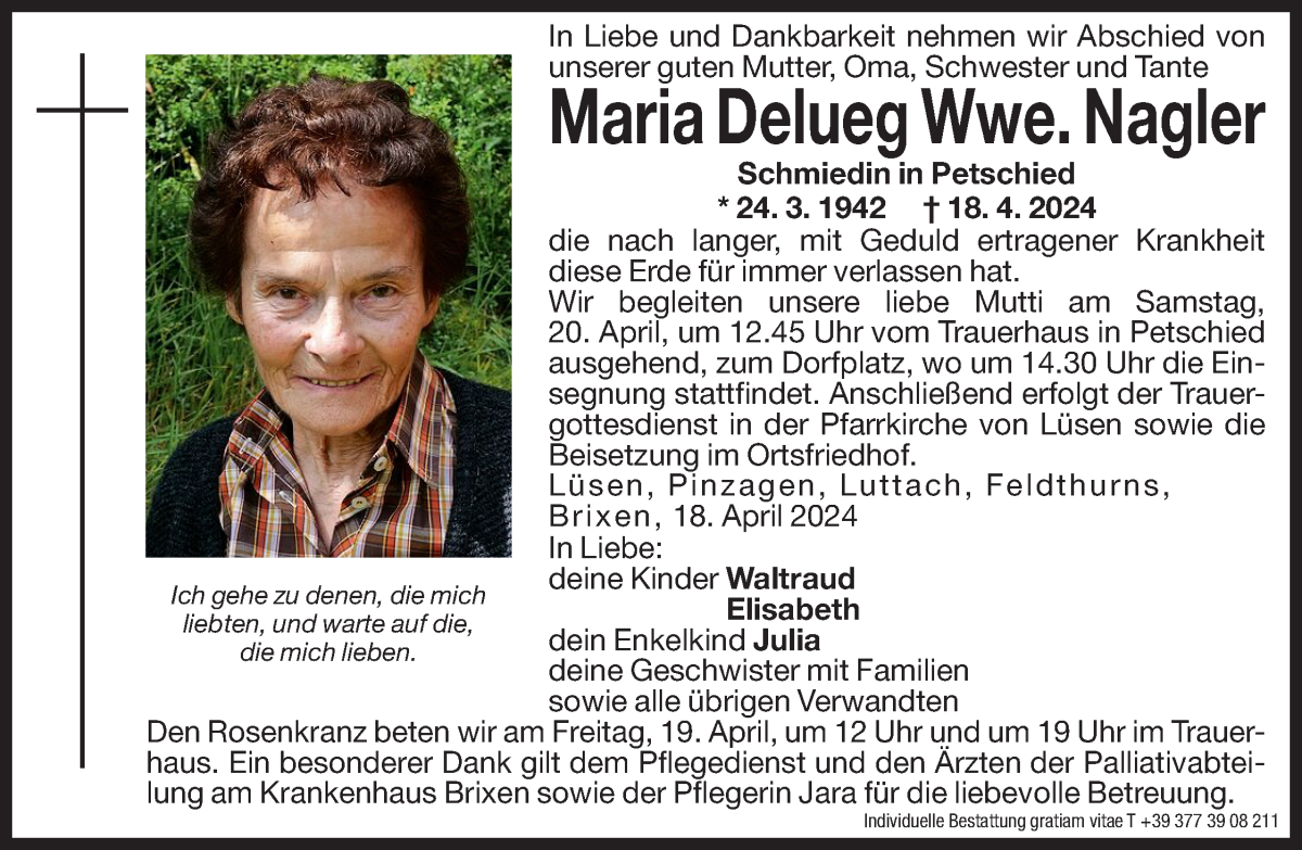  Traueranzeige für Maria Nagler vom 19.04.2024 aus Dolomiten
