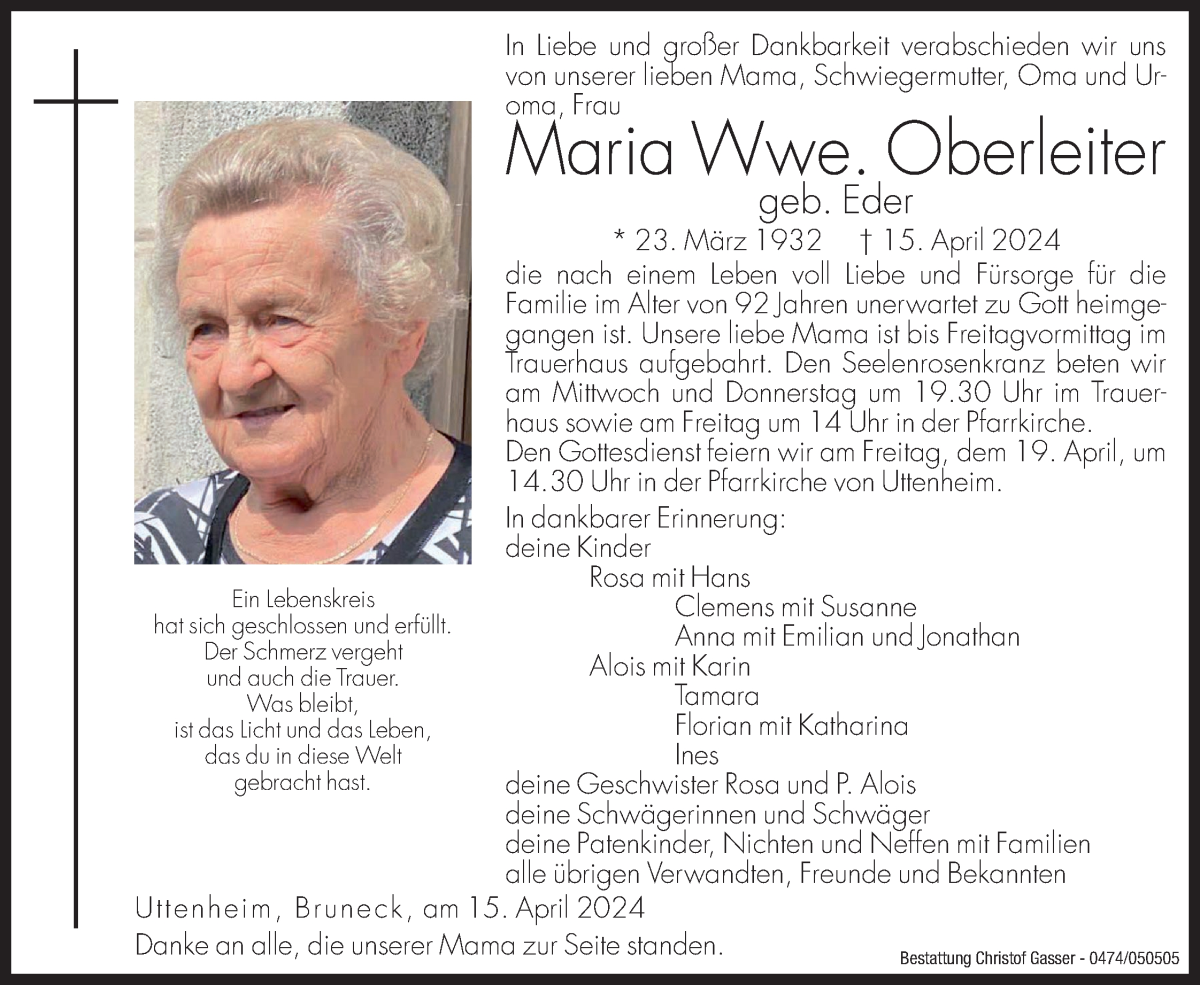  Traueranzeige für Maria Oberleiter vom 17.04.2024 aus Dolomiten