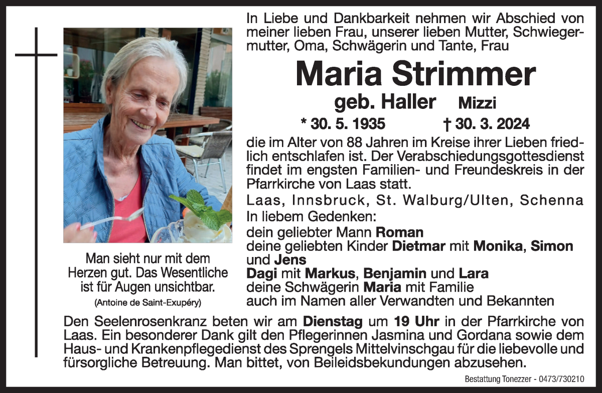  Traueranzeige für Maria Strimmer vom 02.04.2024 aus Dolomiten