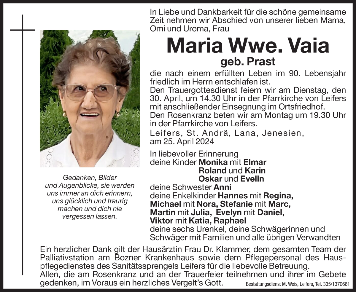  Traueranzeige für Maria Vaia vom 27.04.2024 aus Dolomiten
