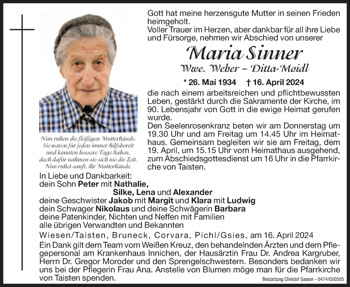  Traueranzeige für Maria Weber vom 18.04.2024 aus Dolomiten