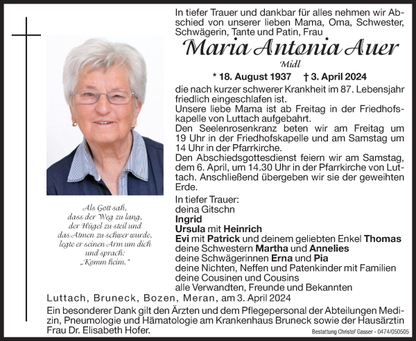 Traueranzeige von Maria Antonia Auer von Dolomiten