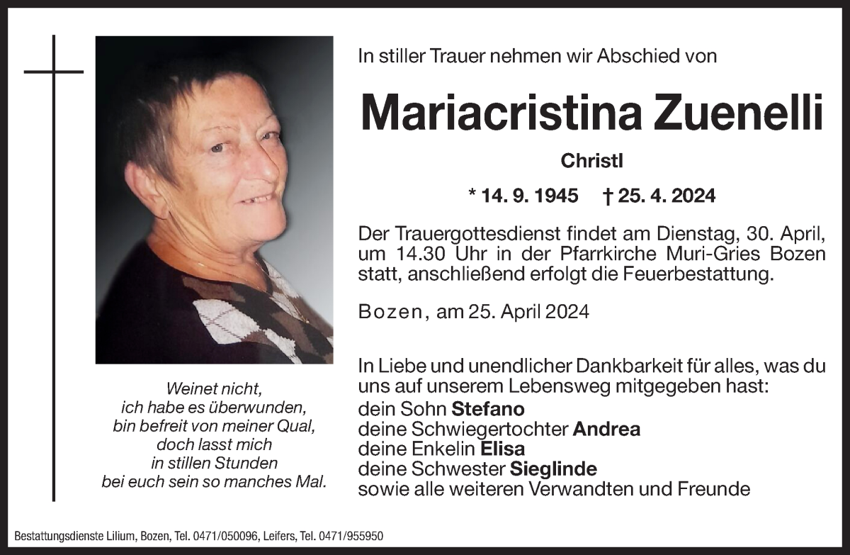  Traueranzeige für Mariacristina Zuenelli vom 27.04.2024 aus Dolomiten