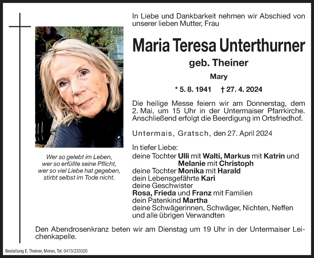  Traueranzeige für Maria Teresa Unterthurner vom 30.04.2024 aus Dolomiten