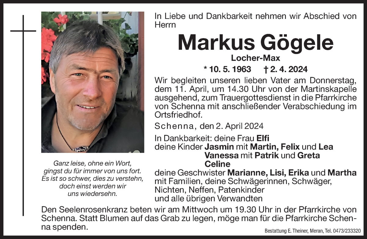  Traueranzeige für Markus Gögele vom 09.04.2024 aus Dolomiten