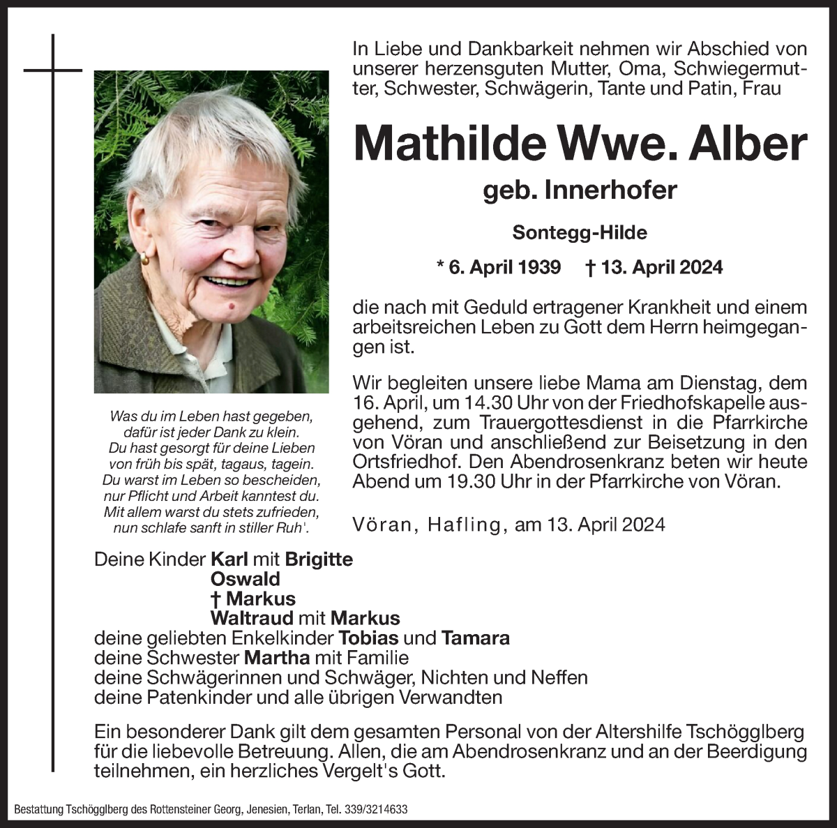  Traueranzeige für Mathilde Alber vom 15.04.2024 aus Dolomiten