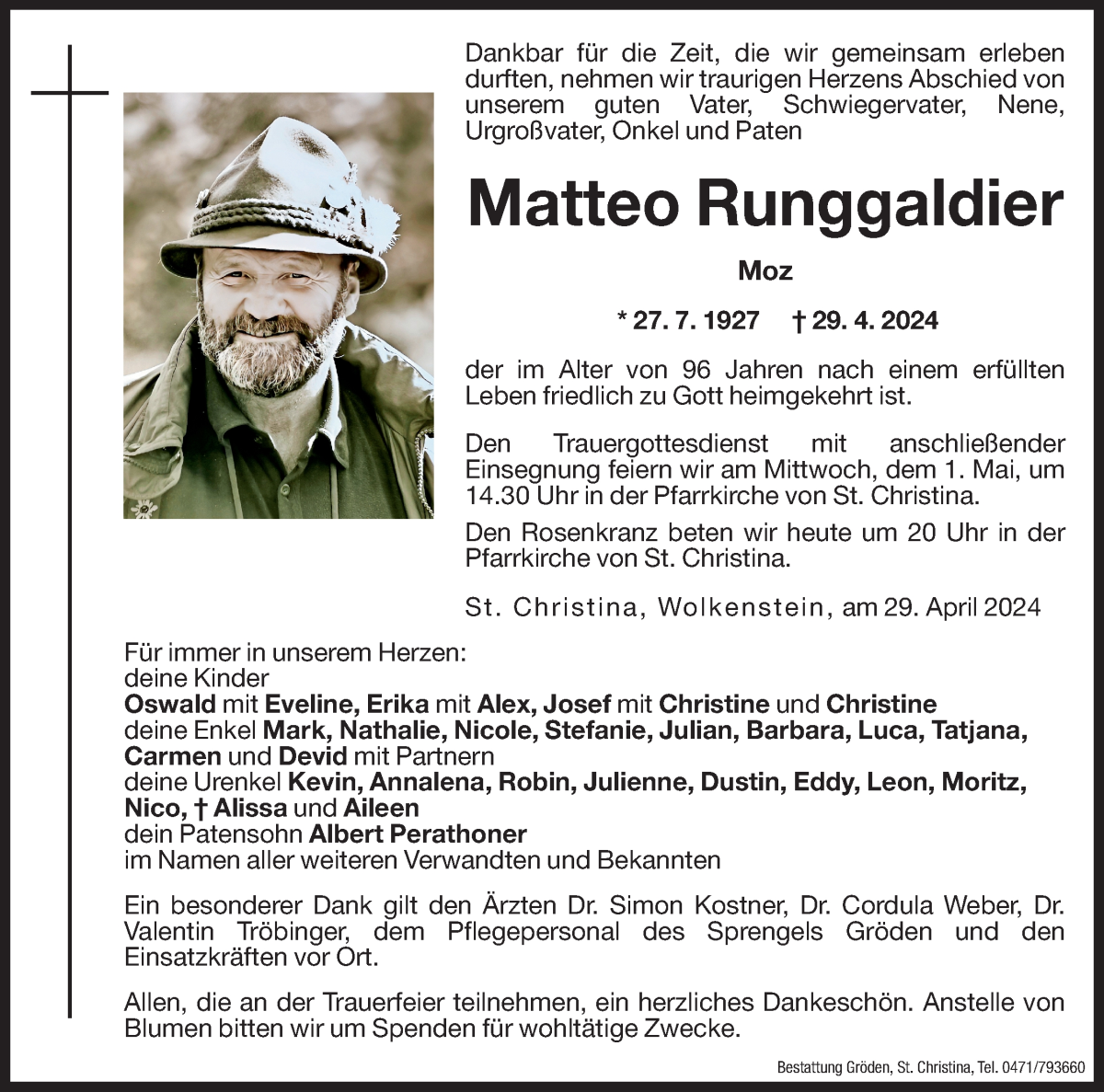  Traueranzeige für Matteo Runggaldier vom 30.04.2024 aus Dolomiten