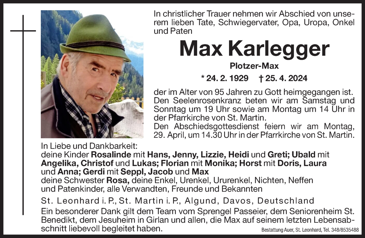  Traueranzeige für Max Karlegger vom 26.04.2024 aus Dolomiten