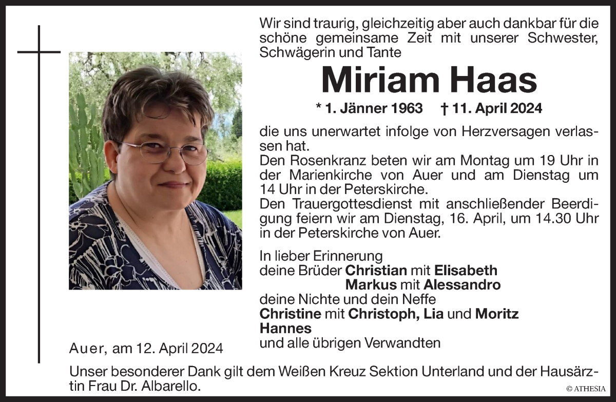  Traueranzeige für Miriam Haas vom 13.04.2024 aus Dolomiten