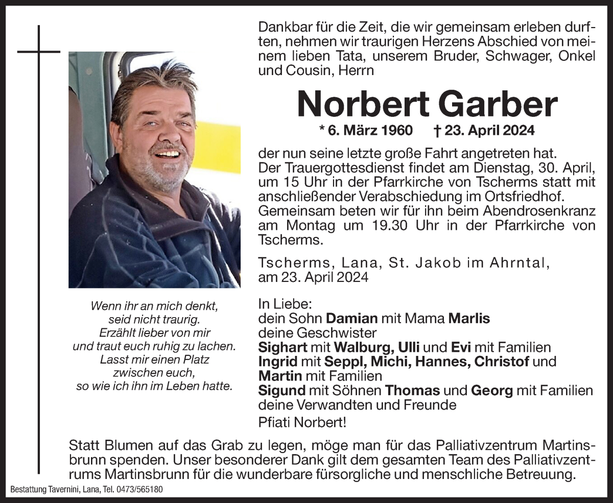  Traueranzeige für Norbert Garber vom 27.04.2024 aus Dolomiten