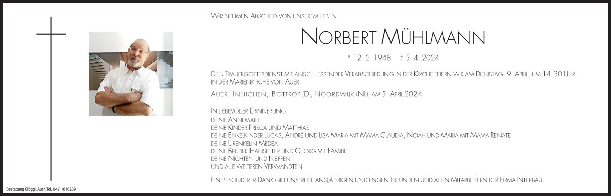 Traueranzeige für Norbert Mühlmann vom 06.04.2024 aus Dolomiten