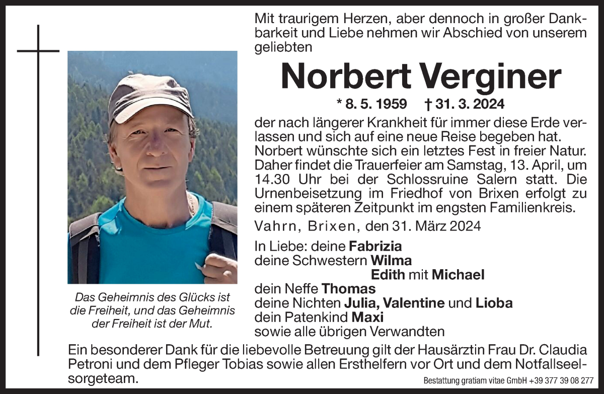  Traueranzeige für Norbert Verginer vom 10.04.2024 aus Dolomiten