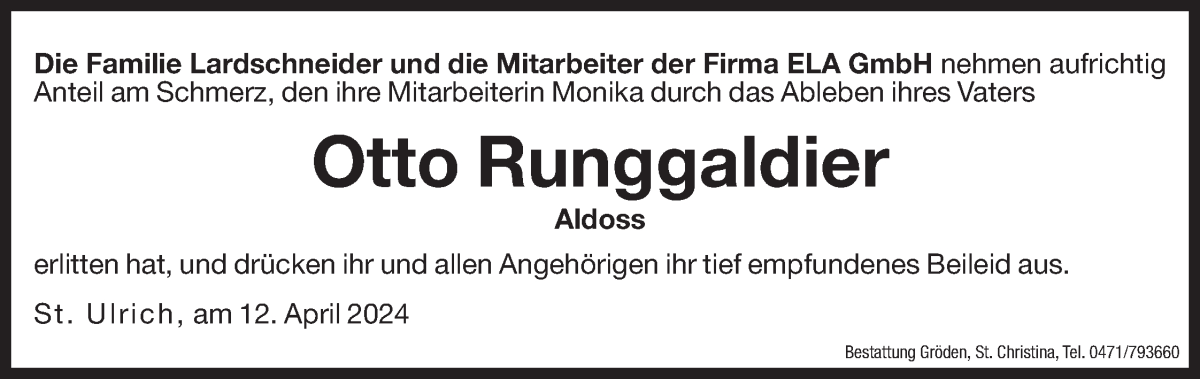  Traueranzeige für Otto Runggaldier vom 15.04.2024 aus Dolomiten