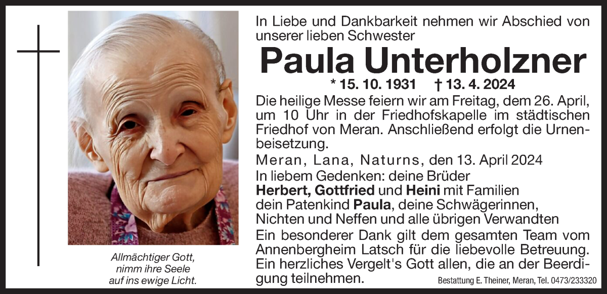  Traueranzeige für Paula Unterholzner vom 20.04.2024 aus Dolomiten