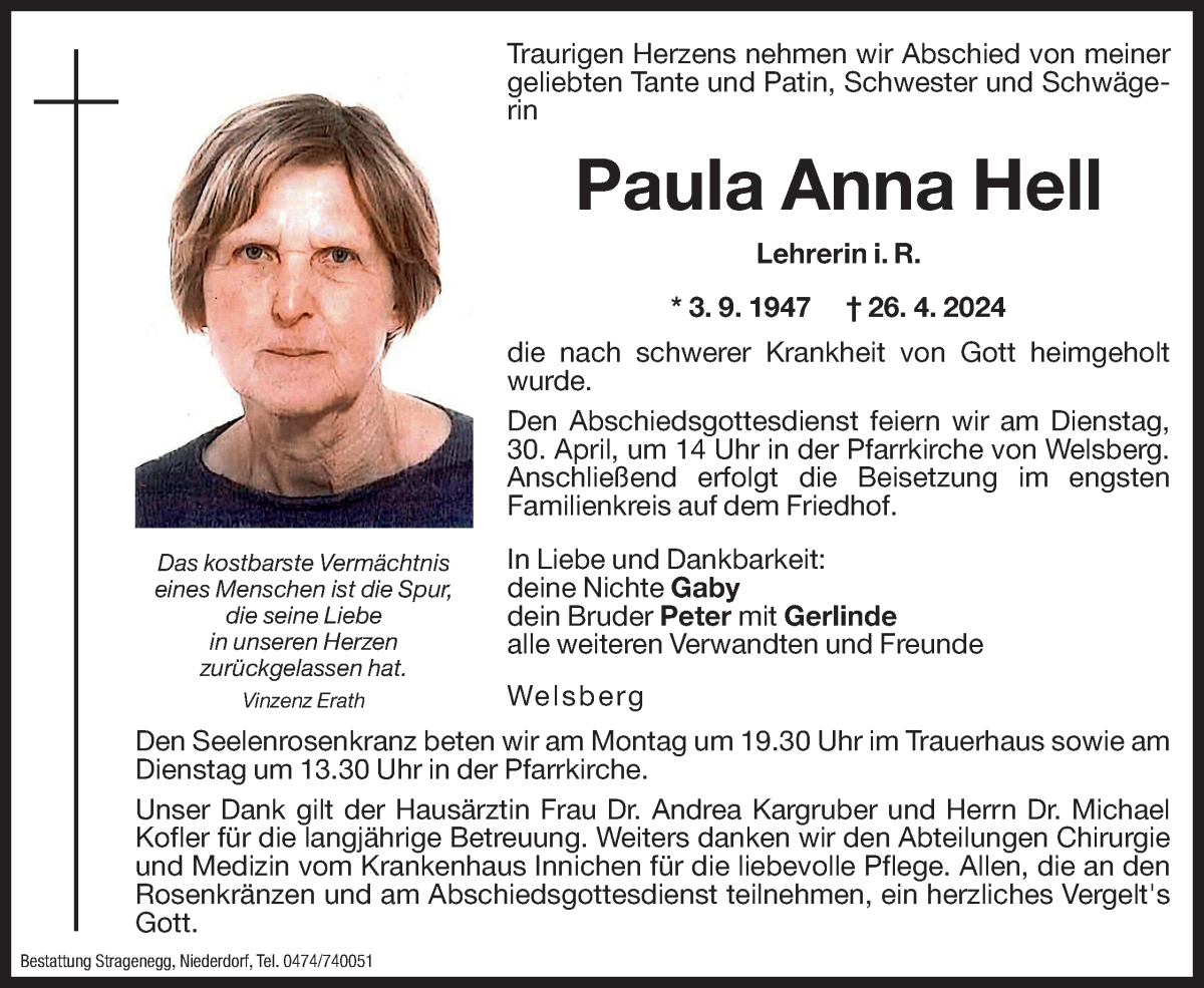  Traueranzeige für Paula Anna Hell vom 29.04.2024 aus Dolomiten