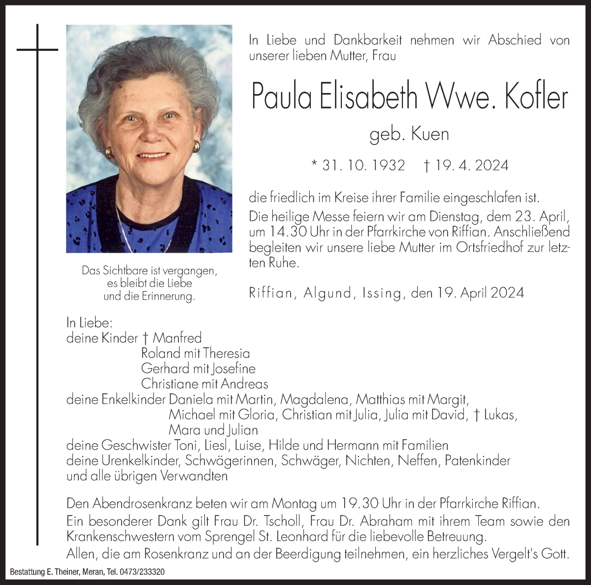  Traueranzeige für Paula Elisabeth Kofler vom 22.04.2024 aus Dolomiten